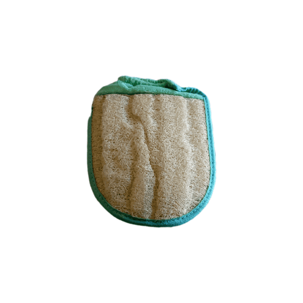 Un gant ovale avec un élastique de maintien pour le poignet de couleur verte face loofah.