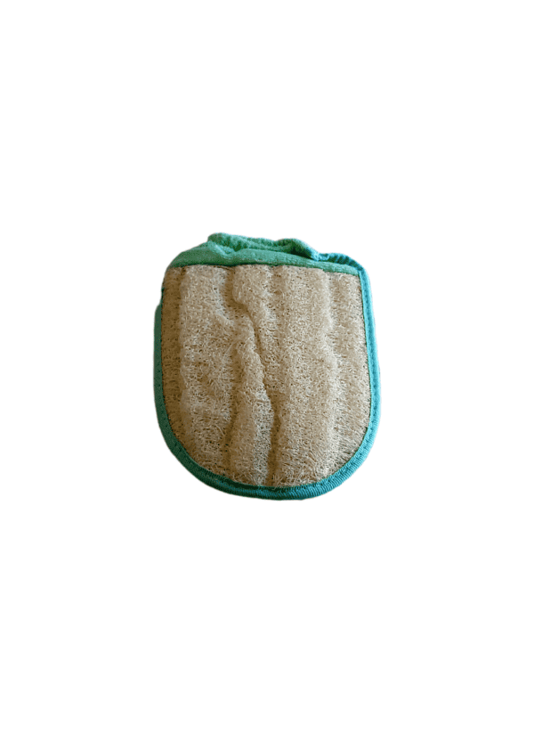 Un gant ovale avec un élastique de maintien pour le poignet de couleur verte face loofah.