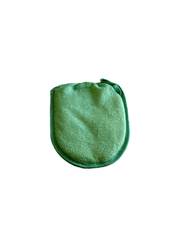 Un gant ovale avec un élastique de maintien pour le poignet de couleur verte face en éponge.