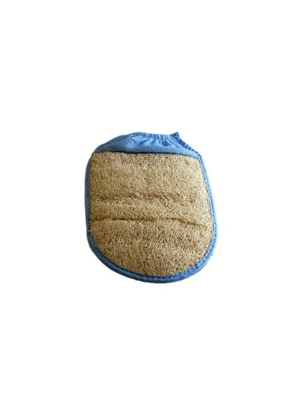 Un gant ovale avec un élastique de maintien pour le poignet de couleur bleue face loofah.